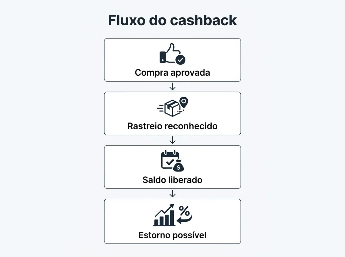 Infográfico com etapas do cashback de viagens em sequência, com ícones e rótulos curtos.