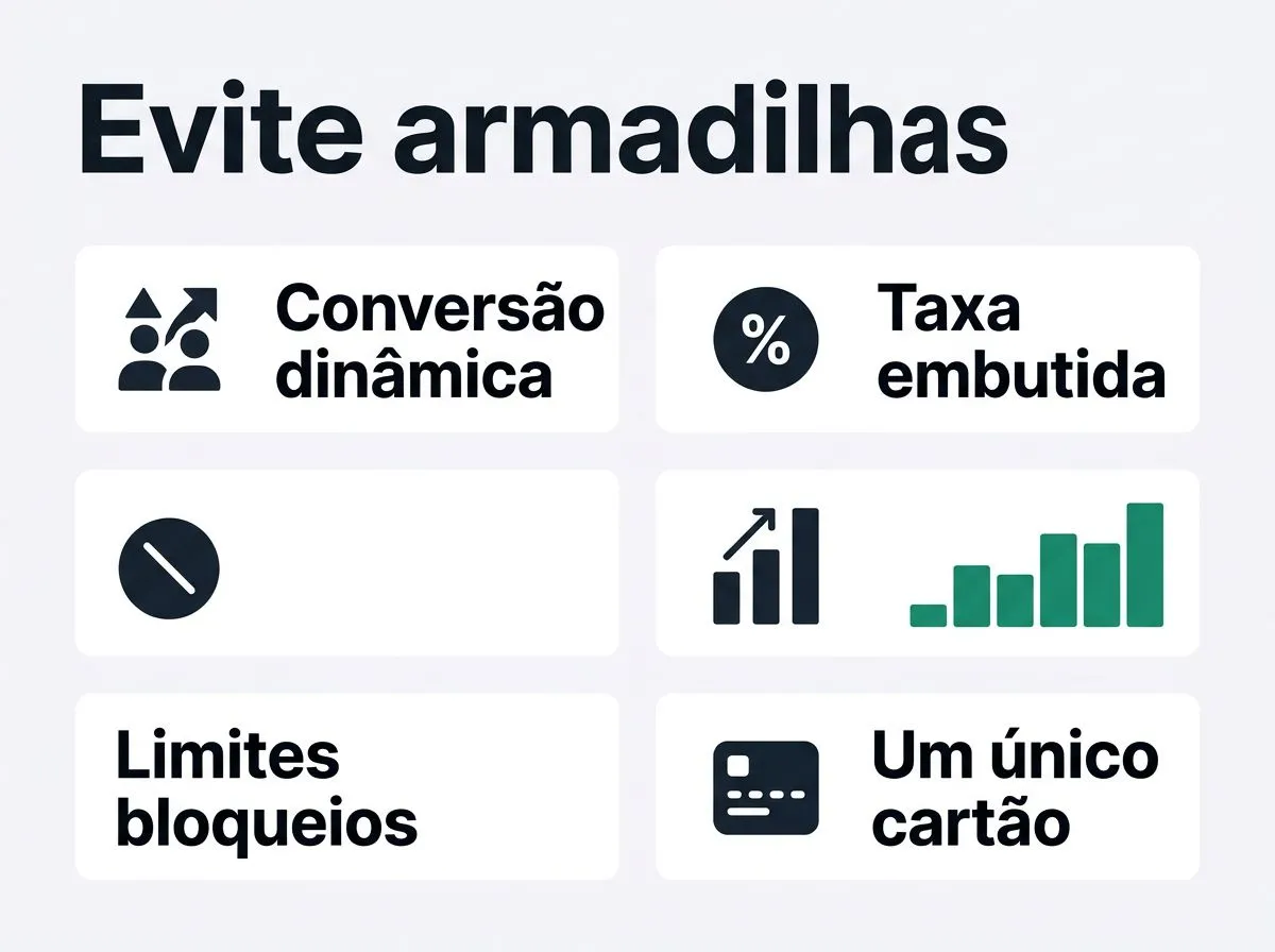 Infográfico ilustrando erros comuns ao usar cartão no exterior: conversão dinâmica, taxa embutida, limites/bloqueios e uso de um único cartão.