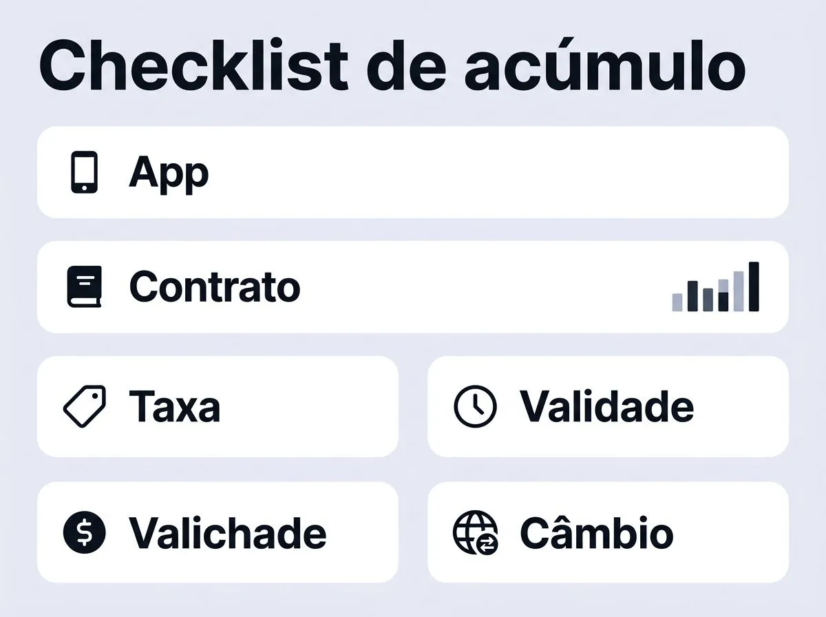 Infográfico com checklist do que conferir no app e no contrato para acumular milhas com segurança.