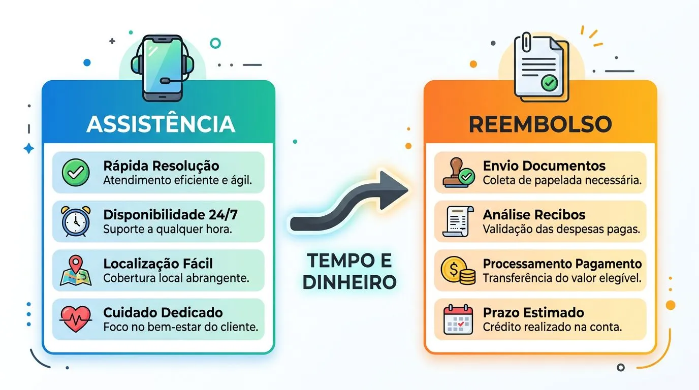 Infográfico comparando assistência e reembolso no seguro viagem do cartão, com rótulos curtos de funcionamento e erros comuns.