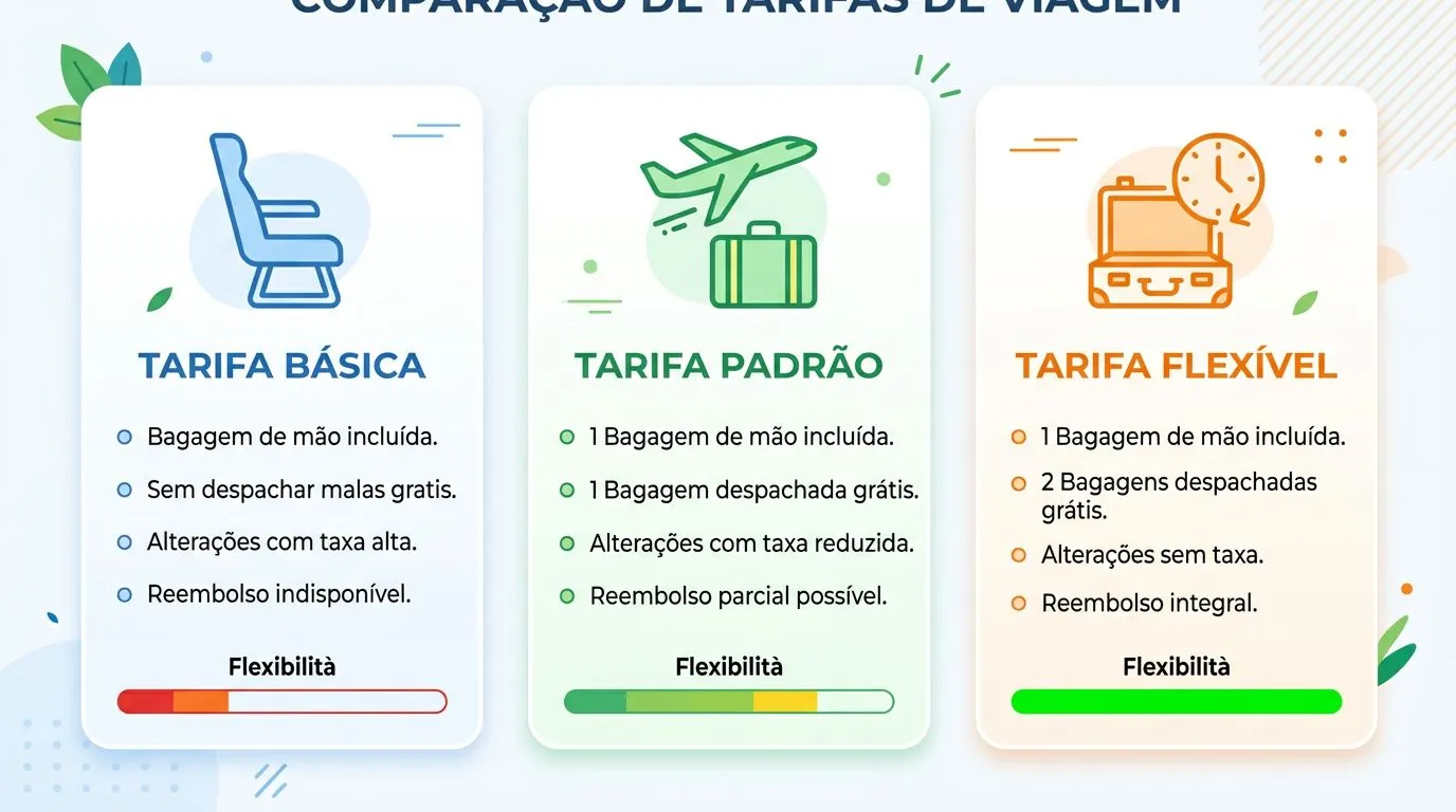 Comparativo visual entre tarifa básica e tarifa flexível com foco em remarcação e regras.
