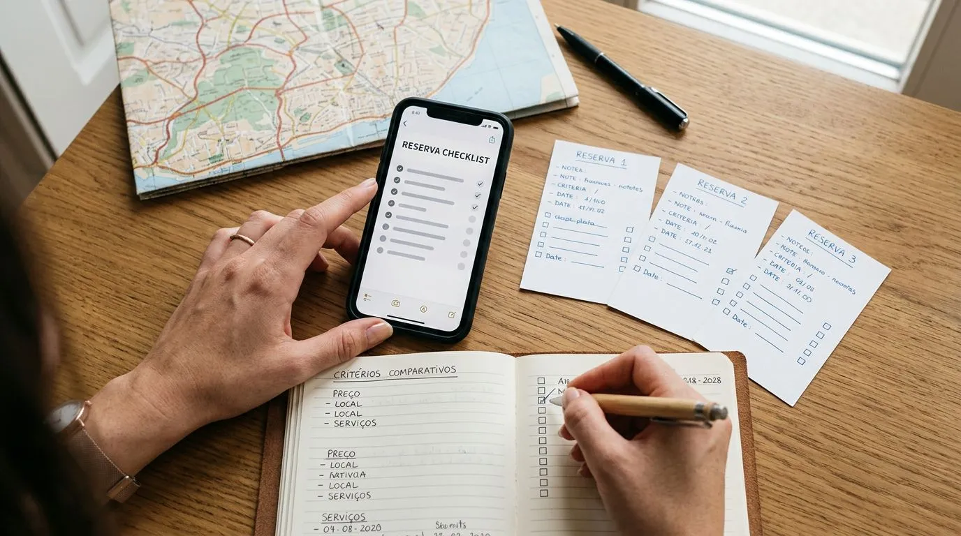 Mesa com celular e itens de viagem, sugerindo comparação de critérios para um app de planejamento.