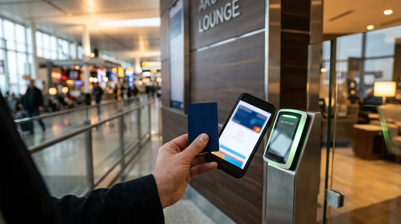 Cartão físico e acesso digital sendo validados na entrada de um lounge VIP em aeroporto.