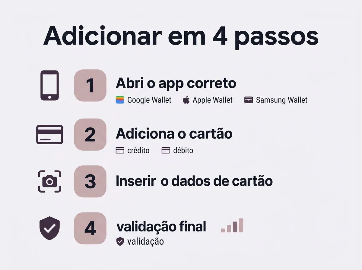 Infográfico com etapas para adicionar cartão no app da carteira digital, incluindo crédito, débito e validação final