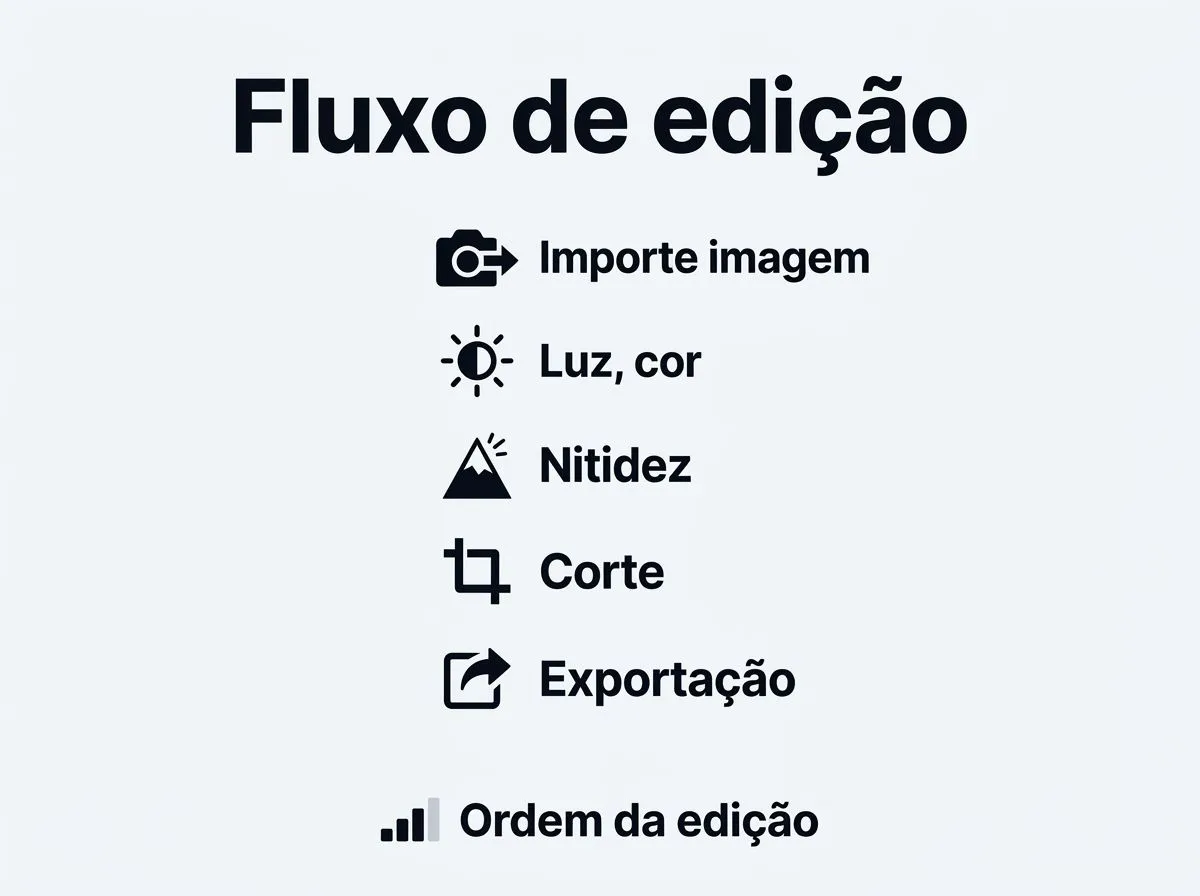 Infográfico em etapas para editar uma foto de viagem no celular, com ícones de importação, ajustes de luz, cor, nitidez, corte e exportação.