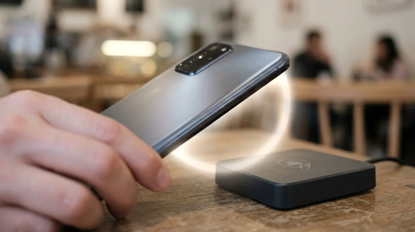 Ilustração realista do celular NFC se comunicando com um leitor por curtíssima distância