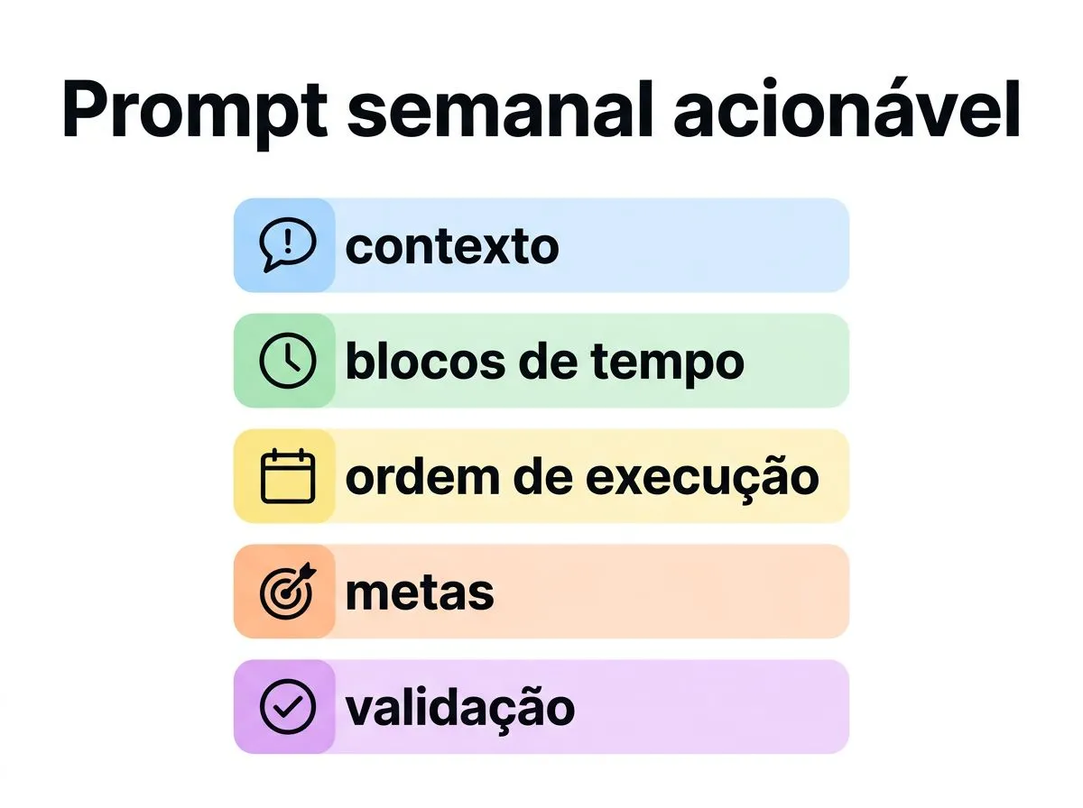 Infográfico com passos para montar um prompt e gerar um plano semanal acionável com IA