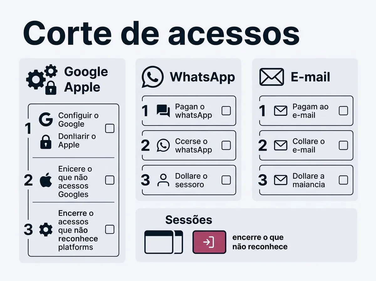 Infográfico com passos para encerrar sessões e proteger apps e contas após perda ou roubo