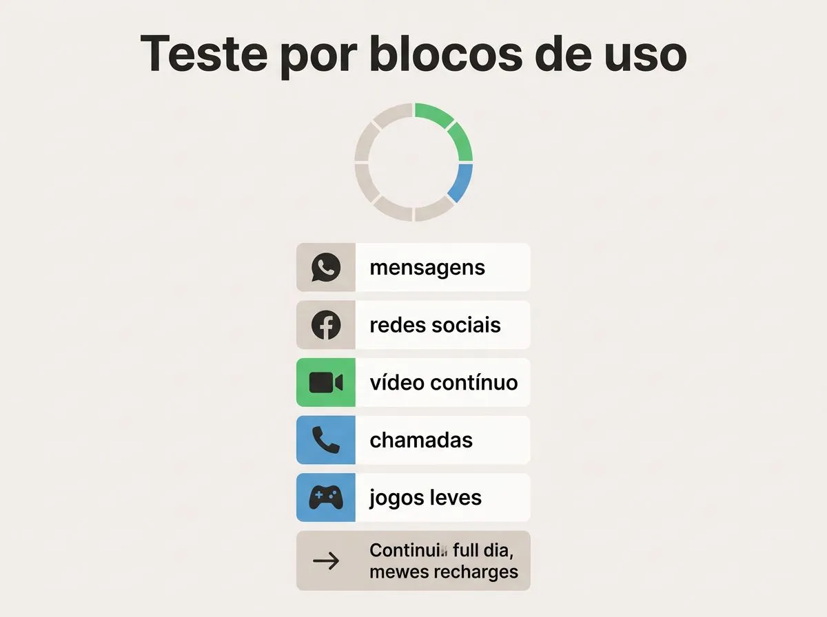 Infográfico com ícones de usos reais (mensagens, redes sociais, vídeo, chamadas e jogos leves) para avaliar bateria.