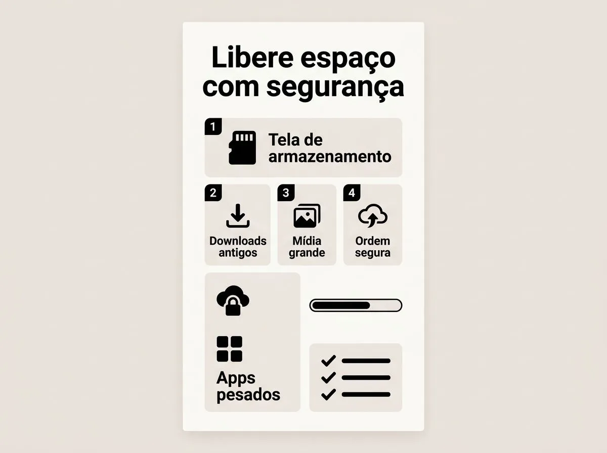 Infográfico com passos numerados para liberar espaço com segurança, sem apagar fotos importantes.