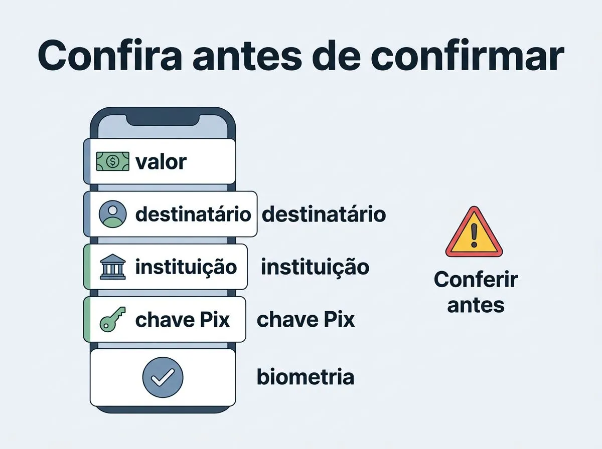 Infográfico mostrando o que conferir na tela do app do banco antes de confirmar um Pix