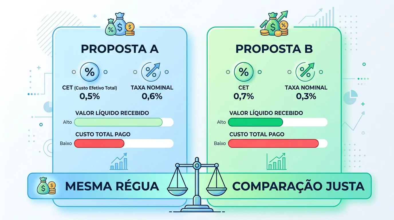 Gráfico comparativo mostrando CET e custo total em duas propostas de empréstimo