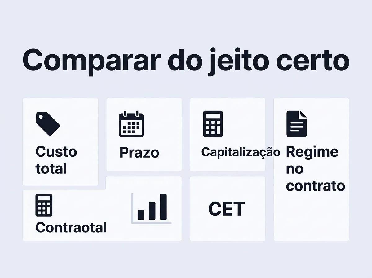 Infográfico com critérios de comparação de empréstimo: custo total, prazo, capitalização e regime indicado no contrato.