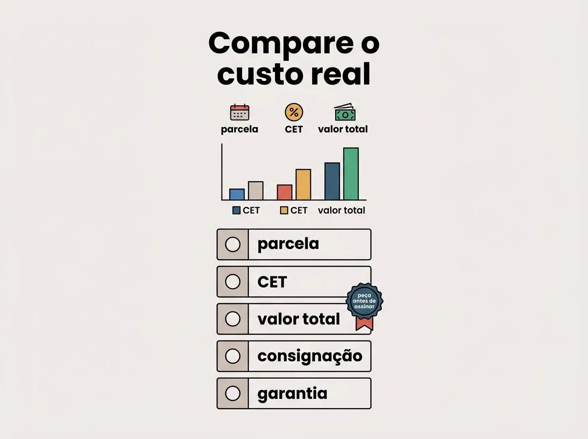 Infográfico com CET e valor total para comparar propostas de empréstimo evitando olhar apenas a parcela.