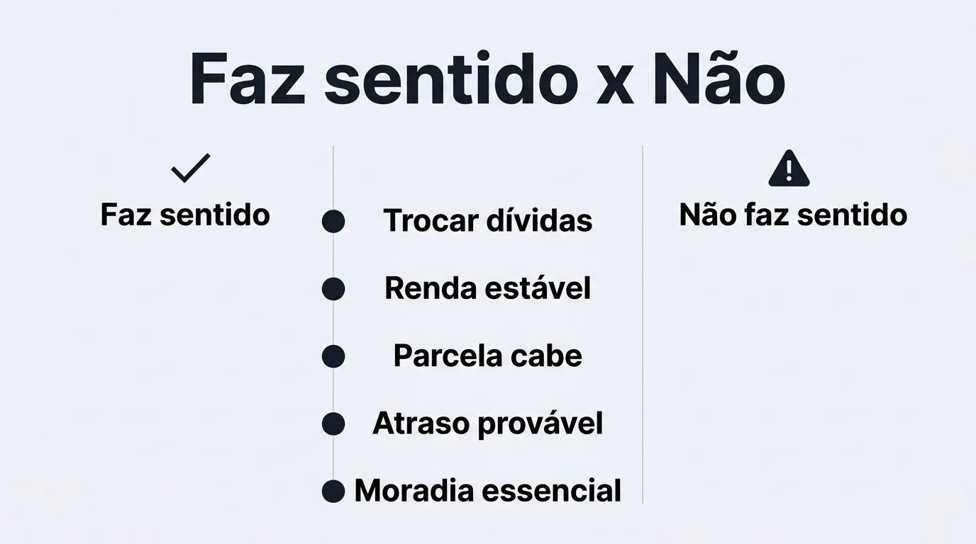 Comparativo visual sobre quando o home equity vale a pena e quando deve ser evitado, usando ícones e rótulos curtos.