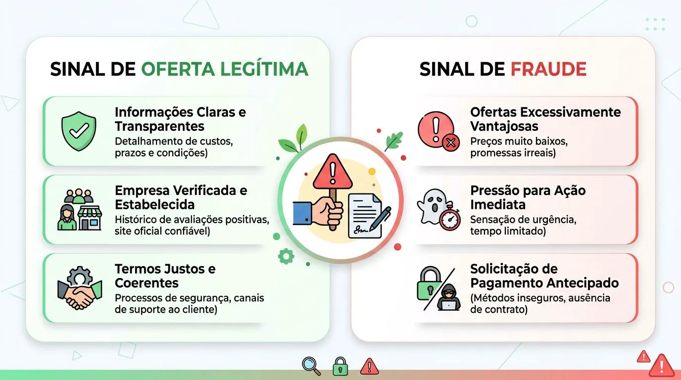Infográfico comparando sinais comuns de oferta de empréstimo legítima e fraude online.