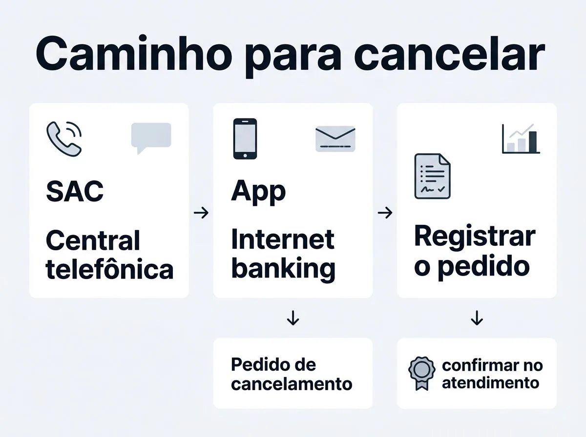 Infográfico com passos visuais para solicitar cancelamento do cartão pelos canais oficiais, com ícones de telefone e app, sem marcas.