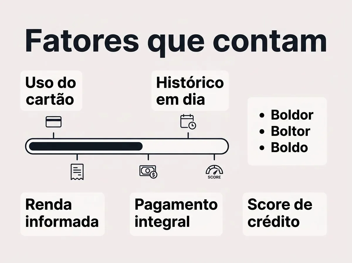 Infográfico com fatores que influenciam aumento de limite, como uso do cartão, histórico e renda, em estilo claro e realista.