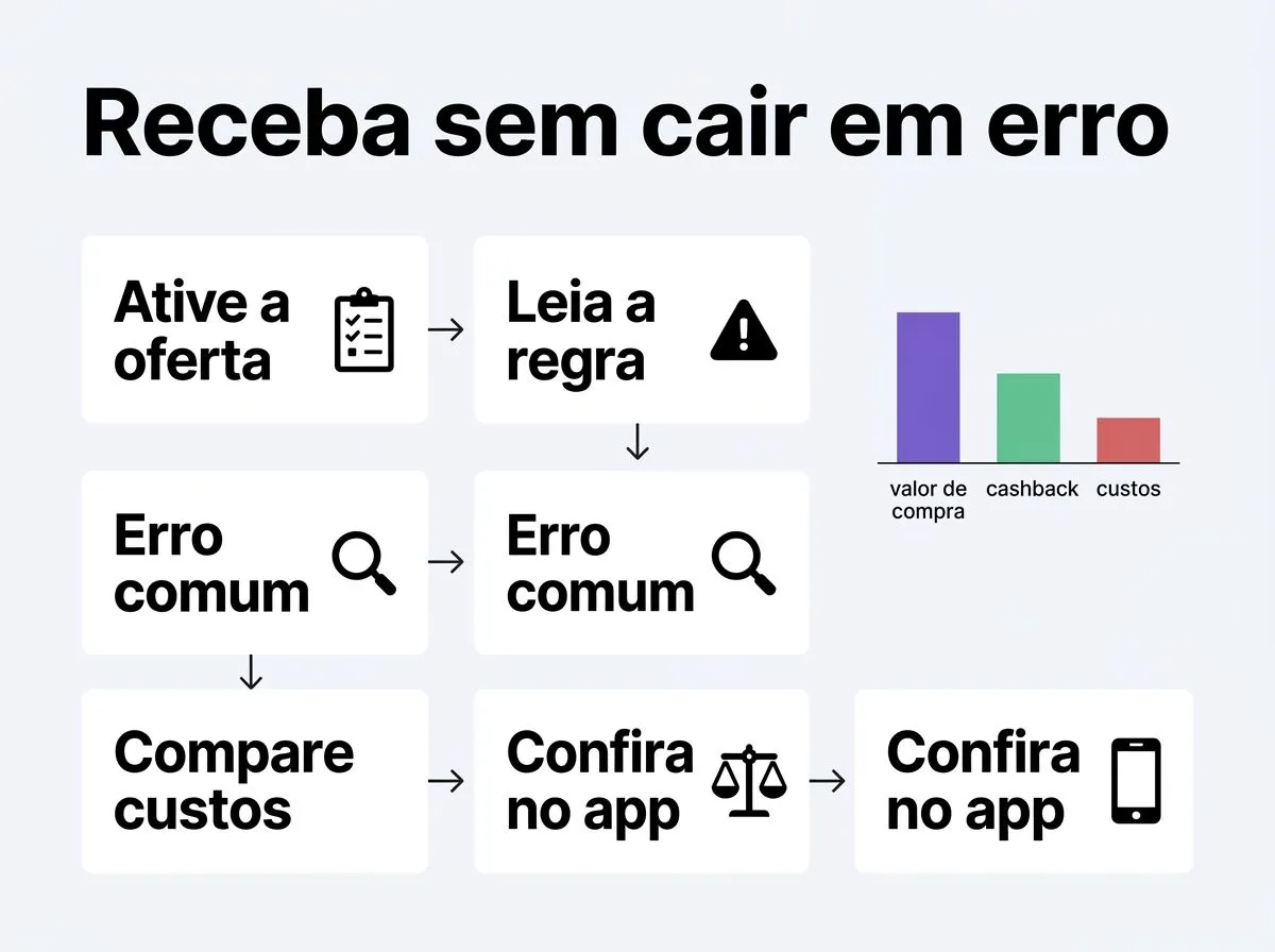 Infográfico com passos para ativar e conferir cashback no app antes de comprar, evitando erros comuns.