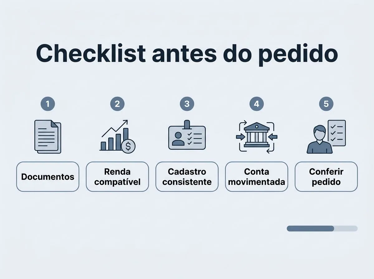 Infográfico com checklist em etapas para aumentar as chances de aprovação antes de solicitar cartão de crédito, sem texto longo.