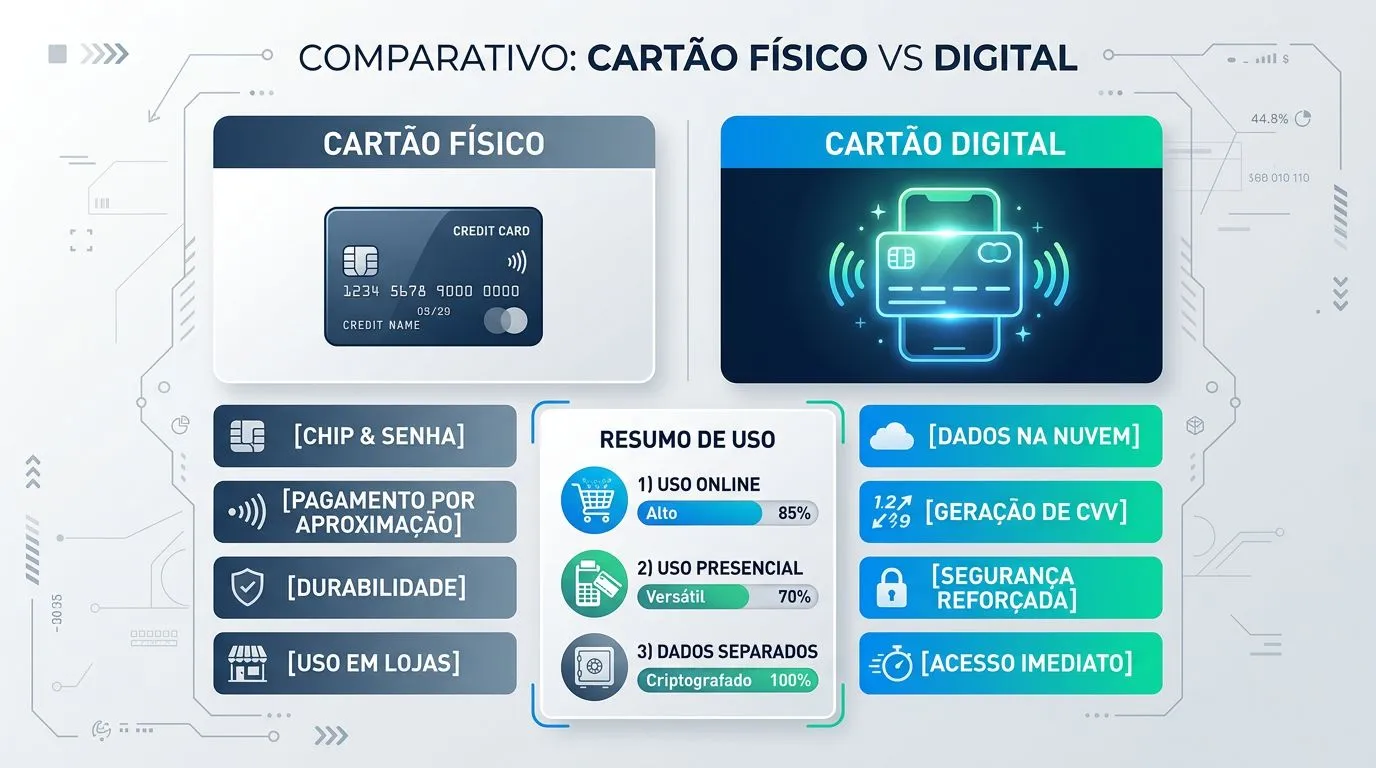 Gráfico comparativo entre cartão virtual e cartão físico no uso diário e nos dados do cartão.