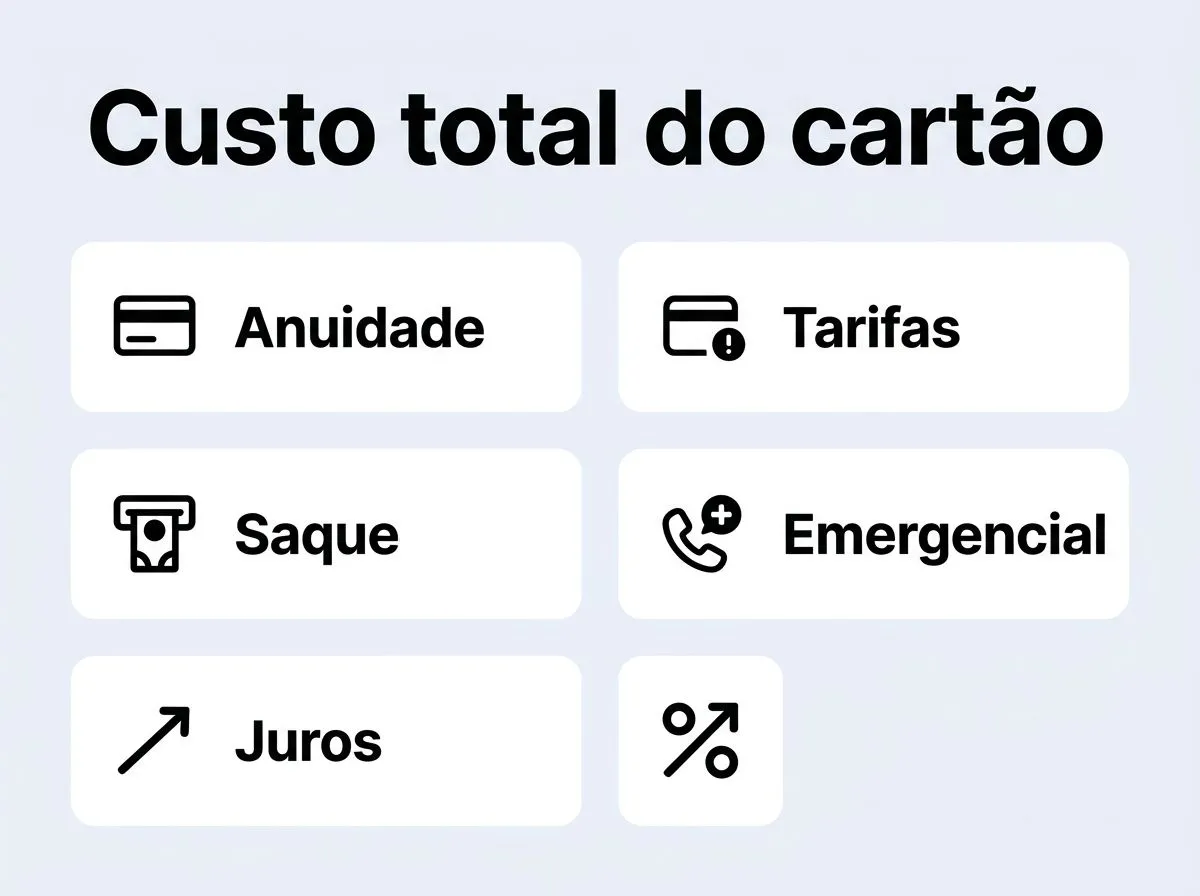 Infográfico com ícones mostrando como comparar anuidade, tarifas e outros custos para calcular o custo total do cartão.