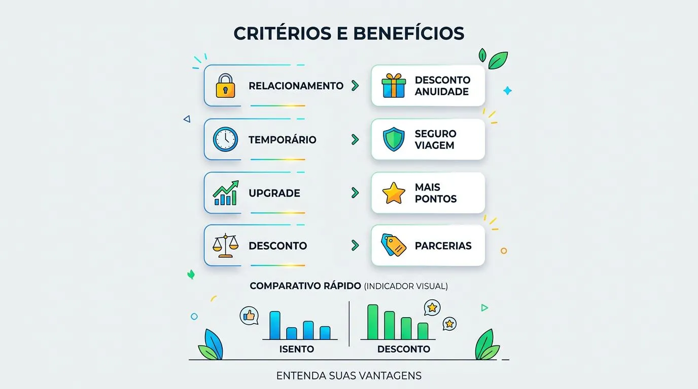 Infográfico com critérios comuns para isentar ou reduzir a anuidade do cartão de crédito no banco