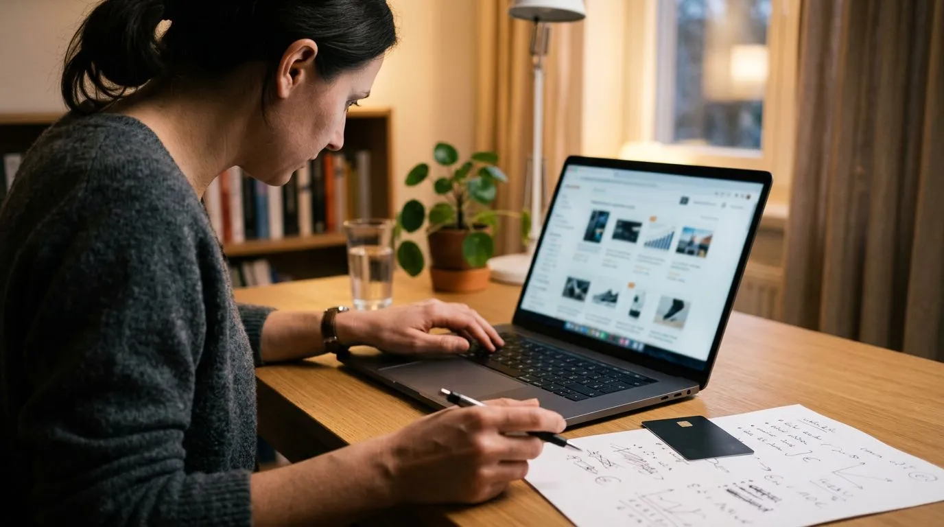 Pessoa comparando opções de cartão de pontos com cartão genérico e notebook, sem logos