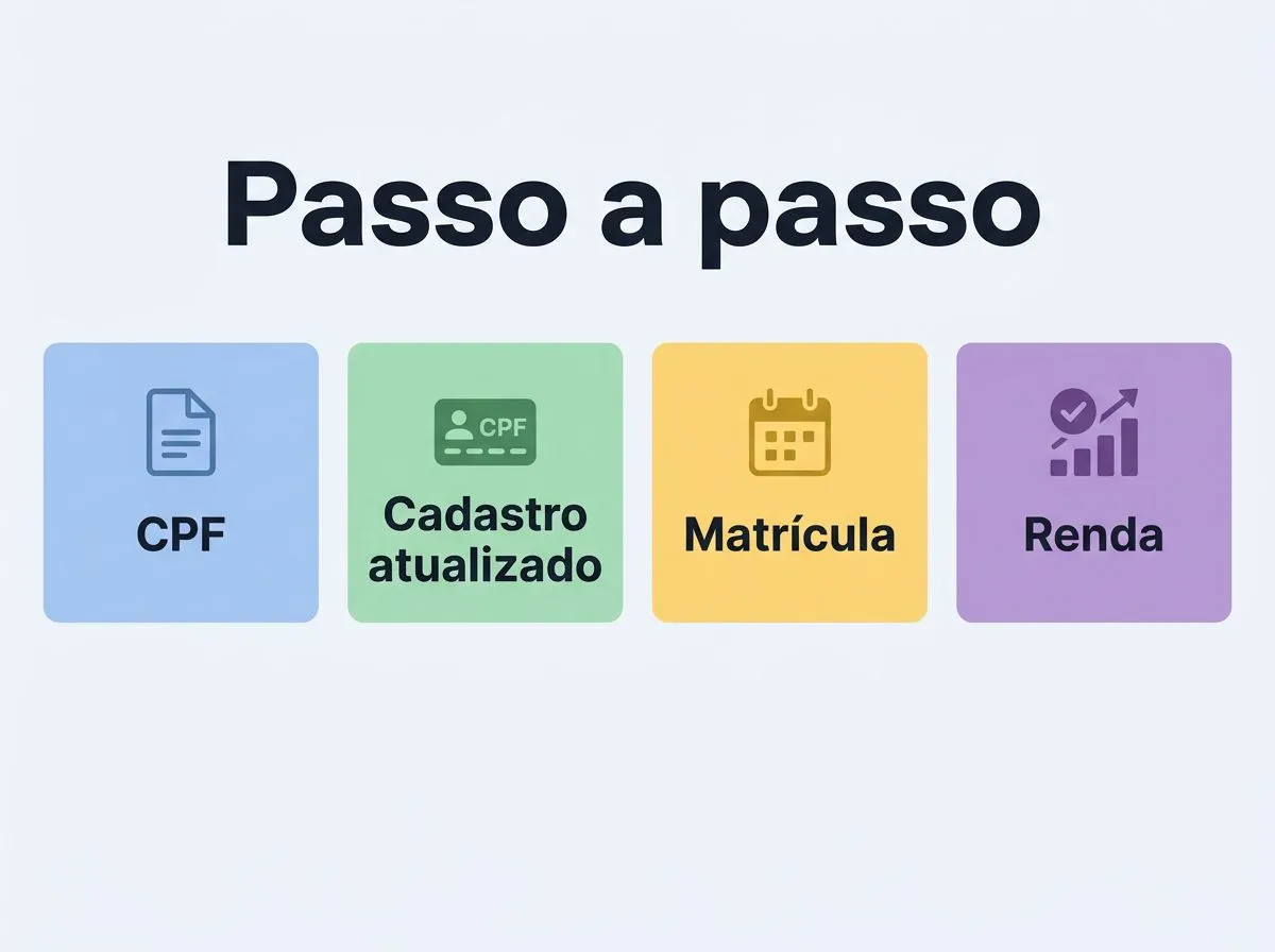 Infográfico com etapas para solicitar cartão de crédito para estudantes, destacando documentos e critérios comuns.